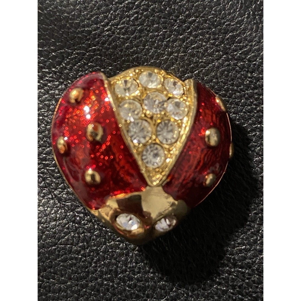 VNTG Enamel Red Ladybug Brooch With Rhinestones Gold Tone Finish Good Luck Charm